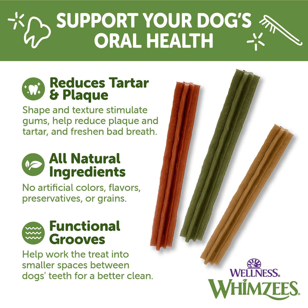 Perro masticando Whimzees Wellness Stix, promoviendo una limpieza suave de dientes.