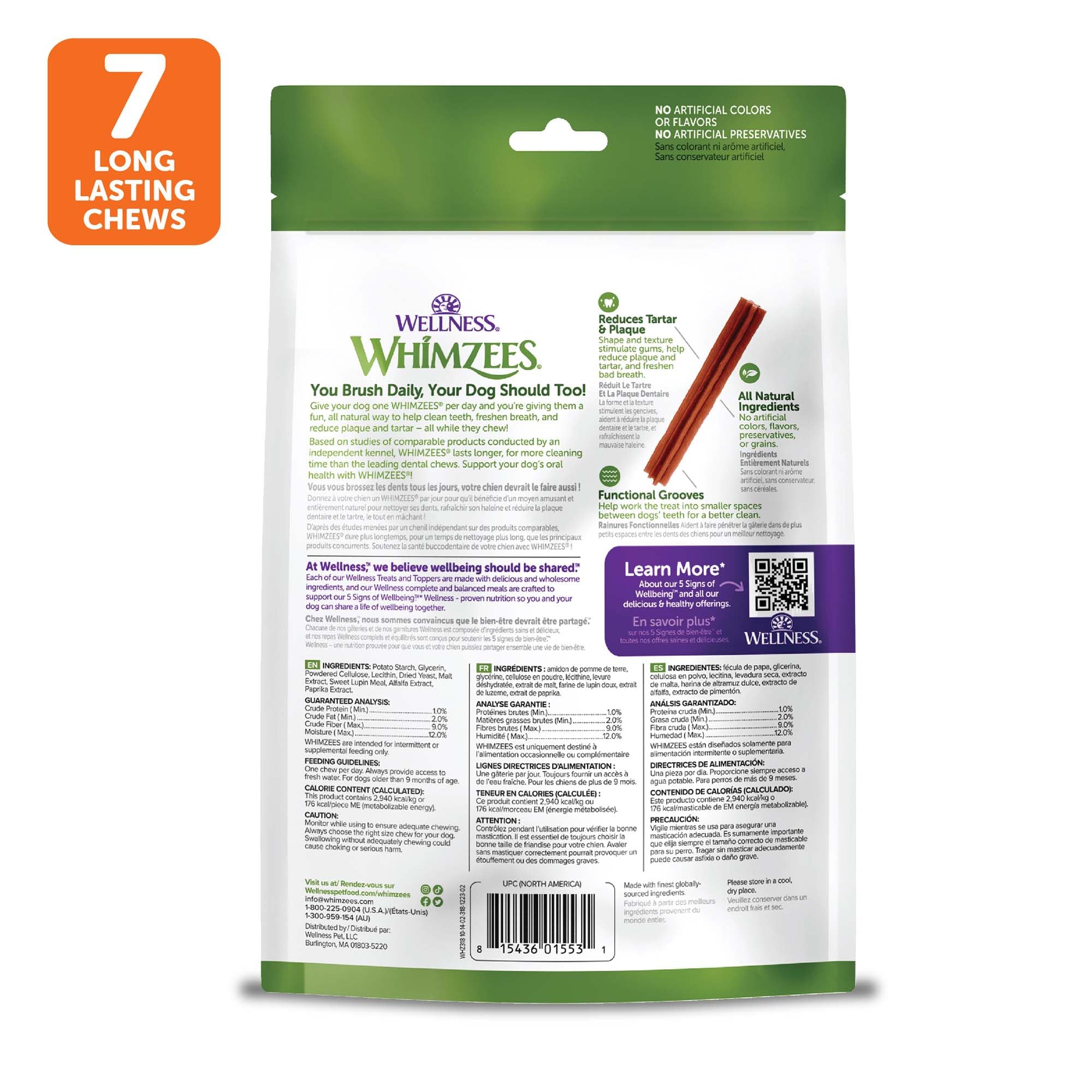 Whimzees Wellness Stix; reduce placa y sarro mediante masticación mecánica.