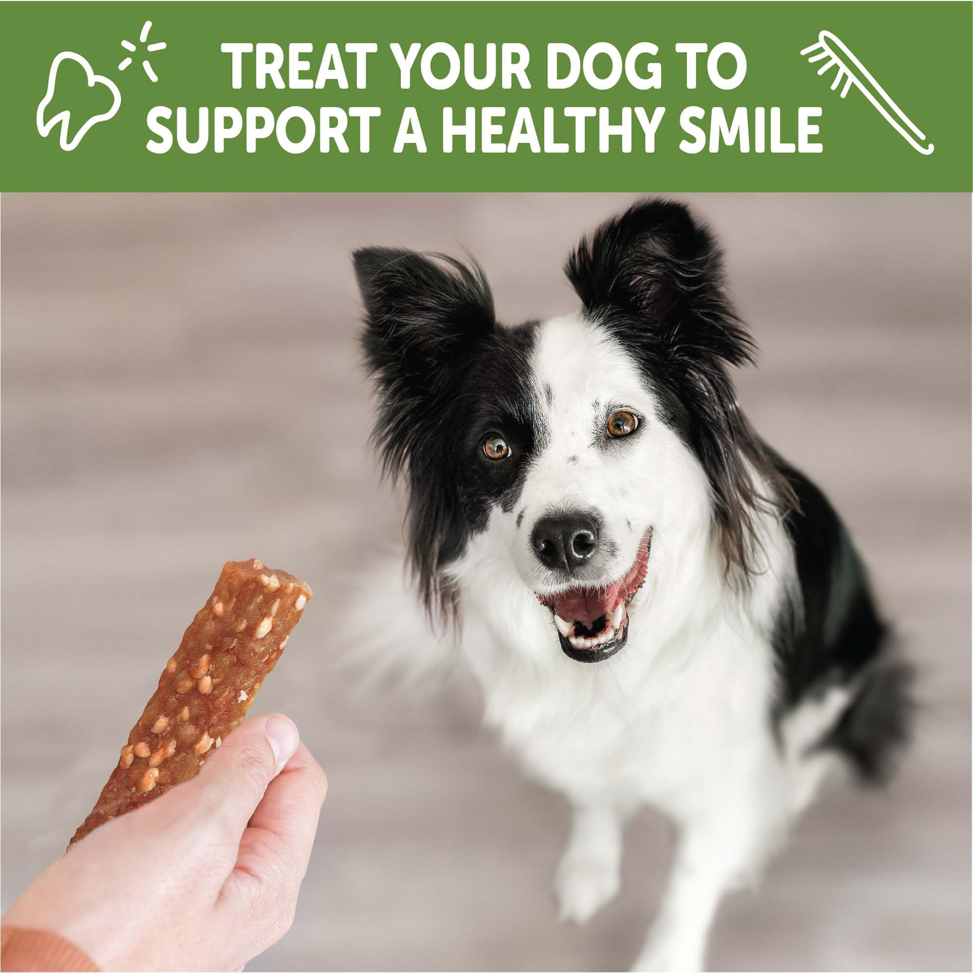Whimzees Wellness Veggie Strip es un bocadito sabroso que cuida dientes.