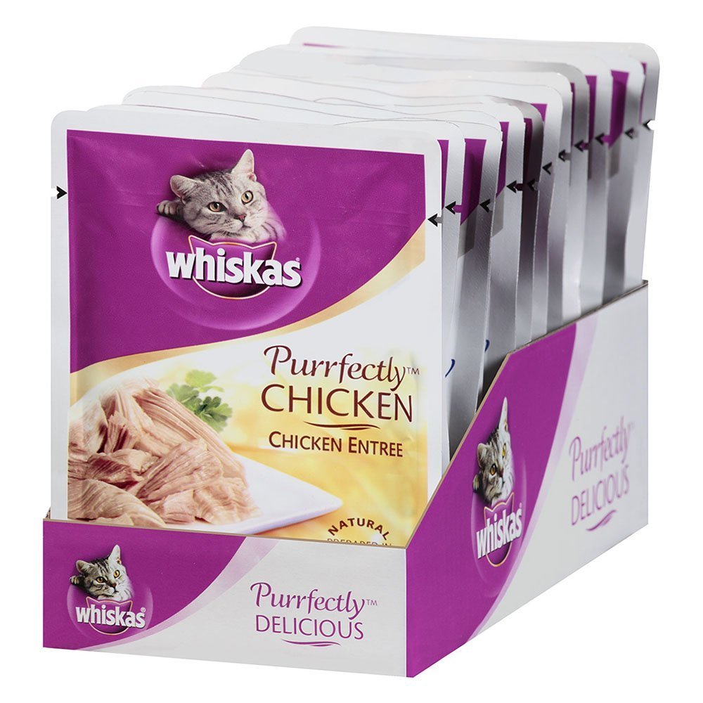 Whiskas comida para gatos adultos con pollo tierno y jugos sabrosos.