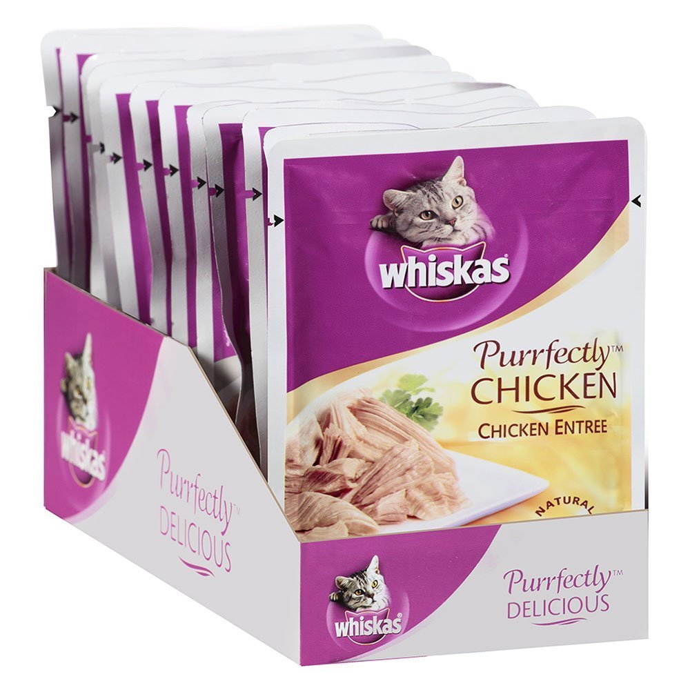 Whiskas cortes de pollo, jugosos y tiernos en jugos naturales para gatos.