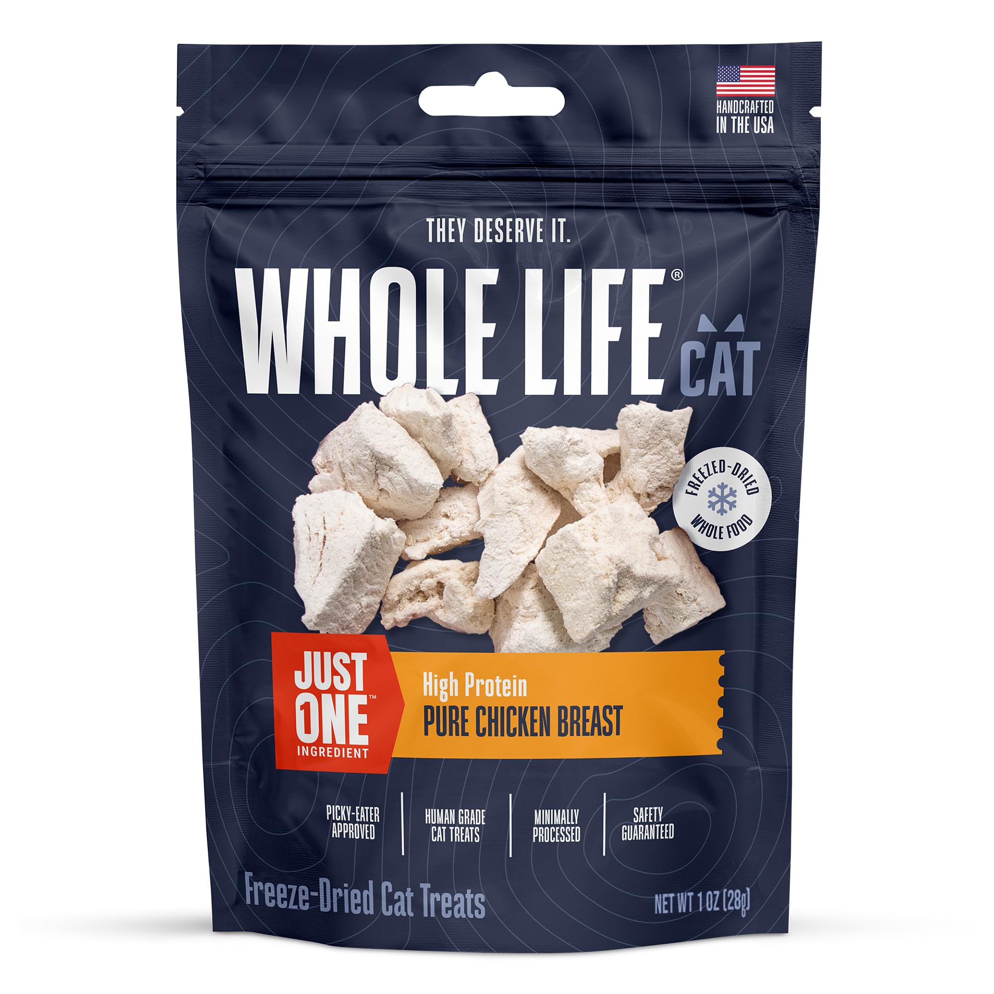 Golosina de pollo deshidratado de Whole Life Cat Just One, trozos crujientes para premiar.