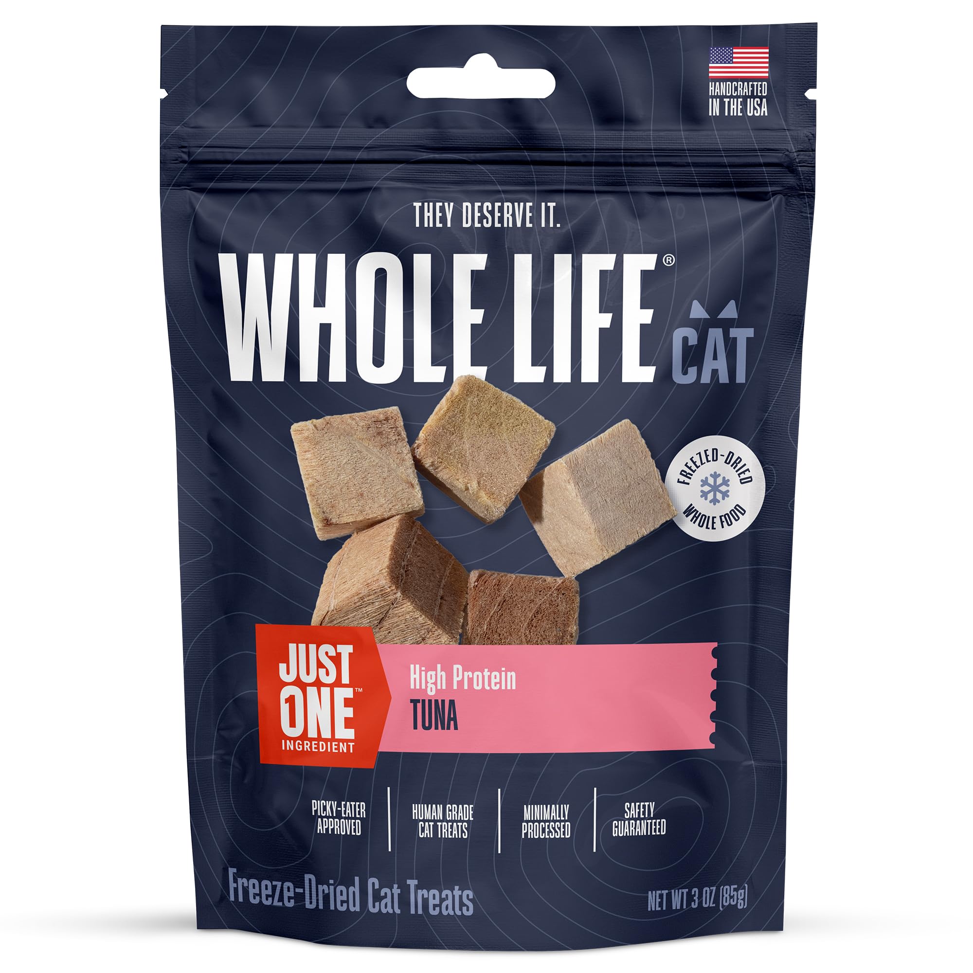 Whole Life Cat Just One Tuna Treats packaging shown, premium USA-made snack.