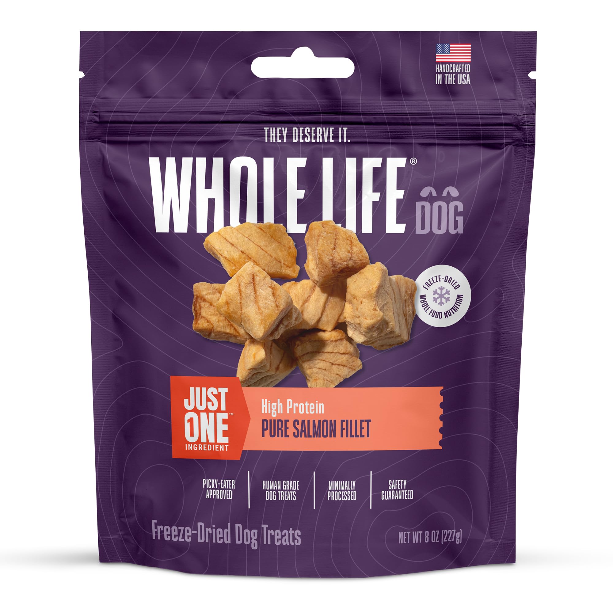 Whole Life Pet Just One Salmón deshidratado, snack sabroso para perros activos.