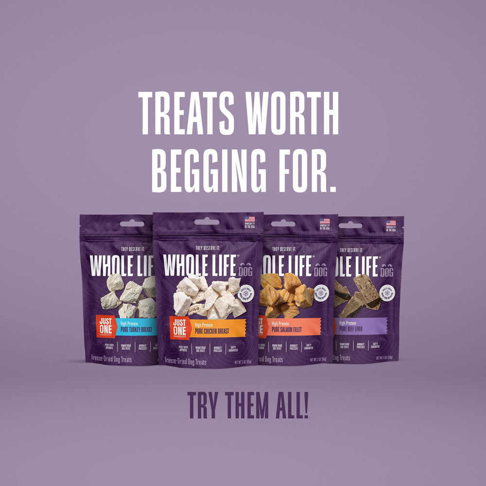 Envase de 10 onzas de snack de pollo de Whole Life Pet Products.
