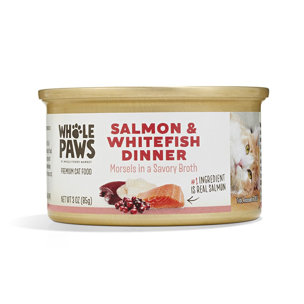 Whole Paws comida humeda para gatos con salmón y pescado blanco en caldo sabroso.