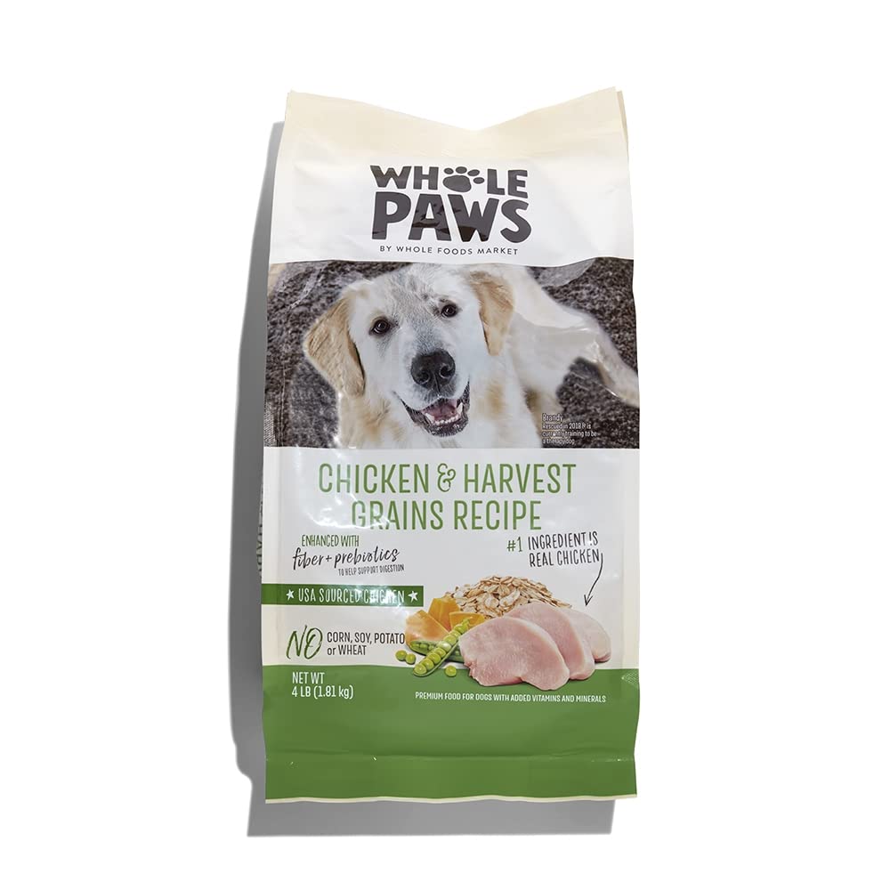 Whole Paws dry dog food bag featuring chicken and harvest grains for balanced nutrition
