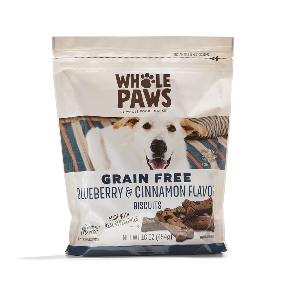 Galletas Whole Paws para perros en empaque, sabor arándano y canela para entrenamiento.