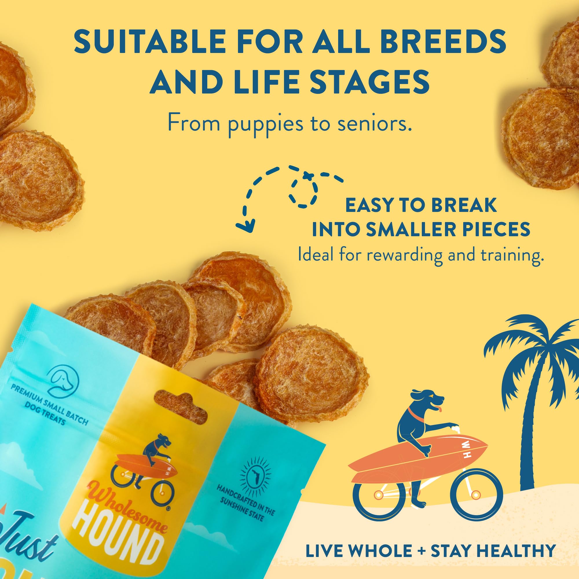 Wholesome Hound Chicken Chips: ingrediente único, proteína limpia para perros activos.