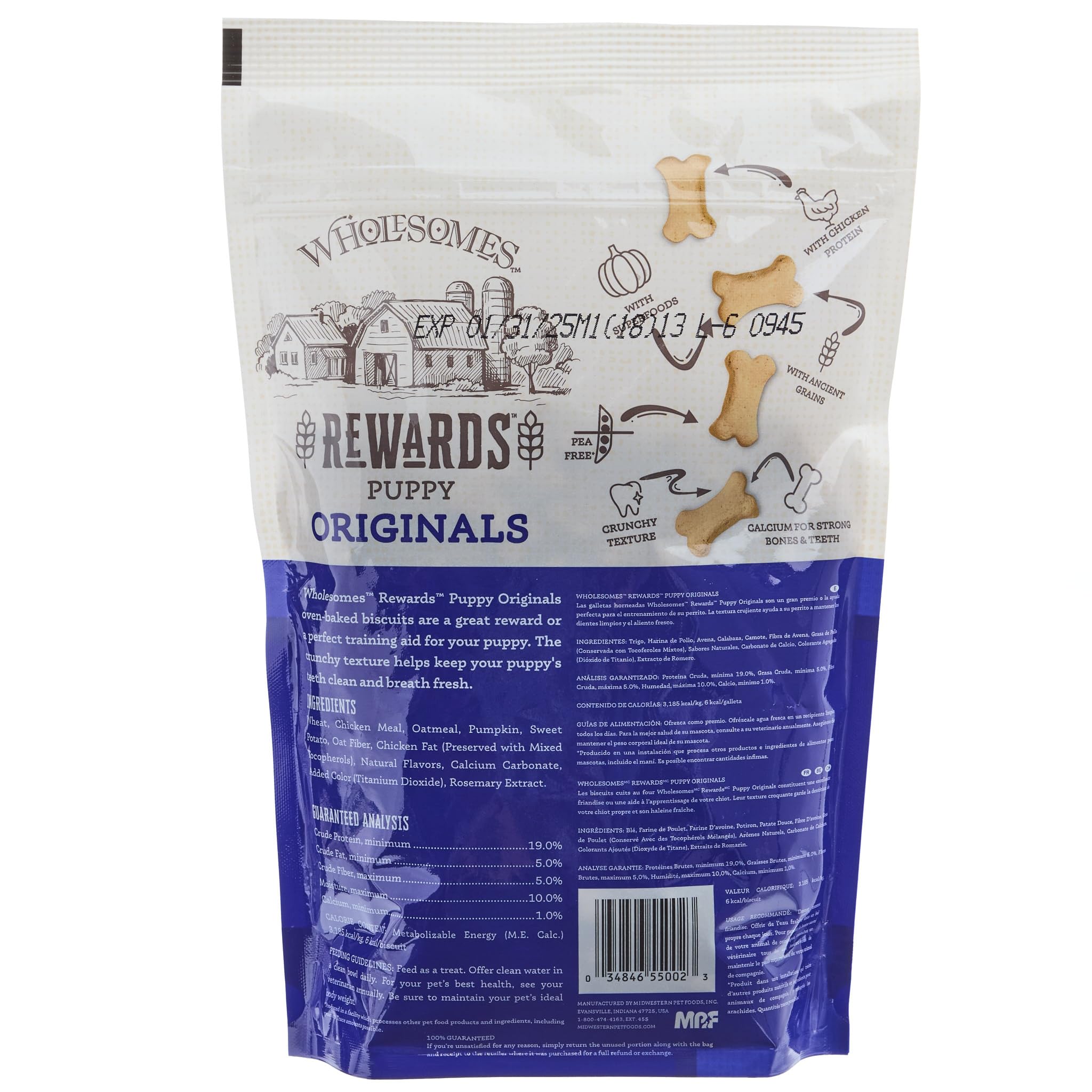 Wholesomes Premios Original para Cachorros 2 libras, textura crujiente, ideal para premiar durante el adiestramiento.