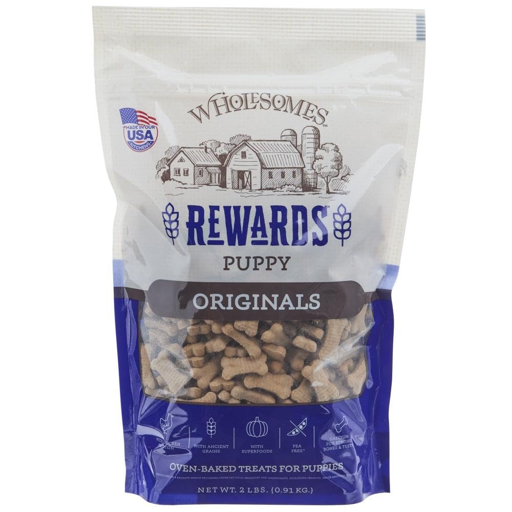 Wholesomes Premios Original para Cachorros 2 libras, empaque frontal, recompensa sabrosa para entrenar.