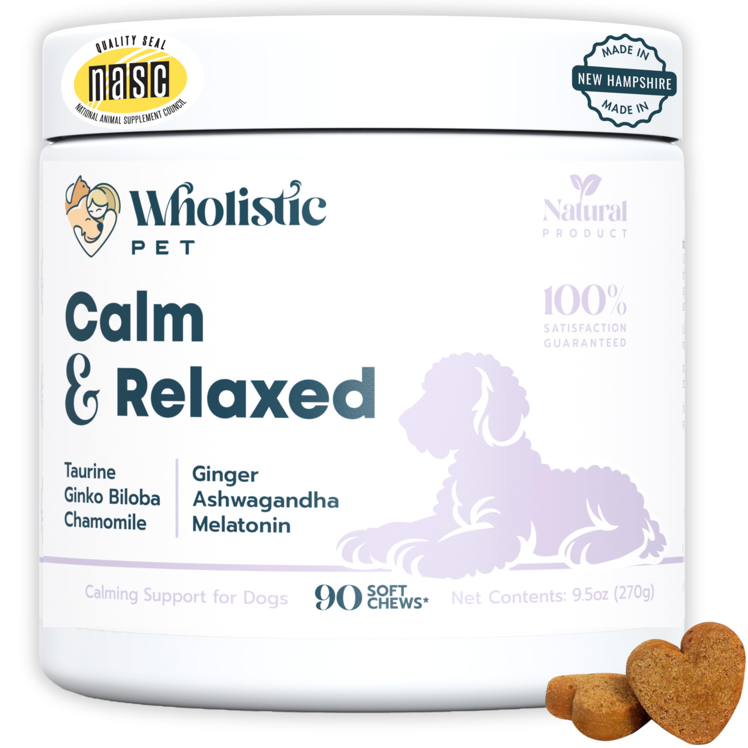 Wholistic Pet Calm & Relaxed, botella con golosinas calmantes para perros.