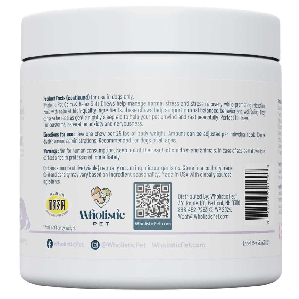 Ingredientes naturales de Wholistic Pet Calm & Relaxed para apoyo suave.