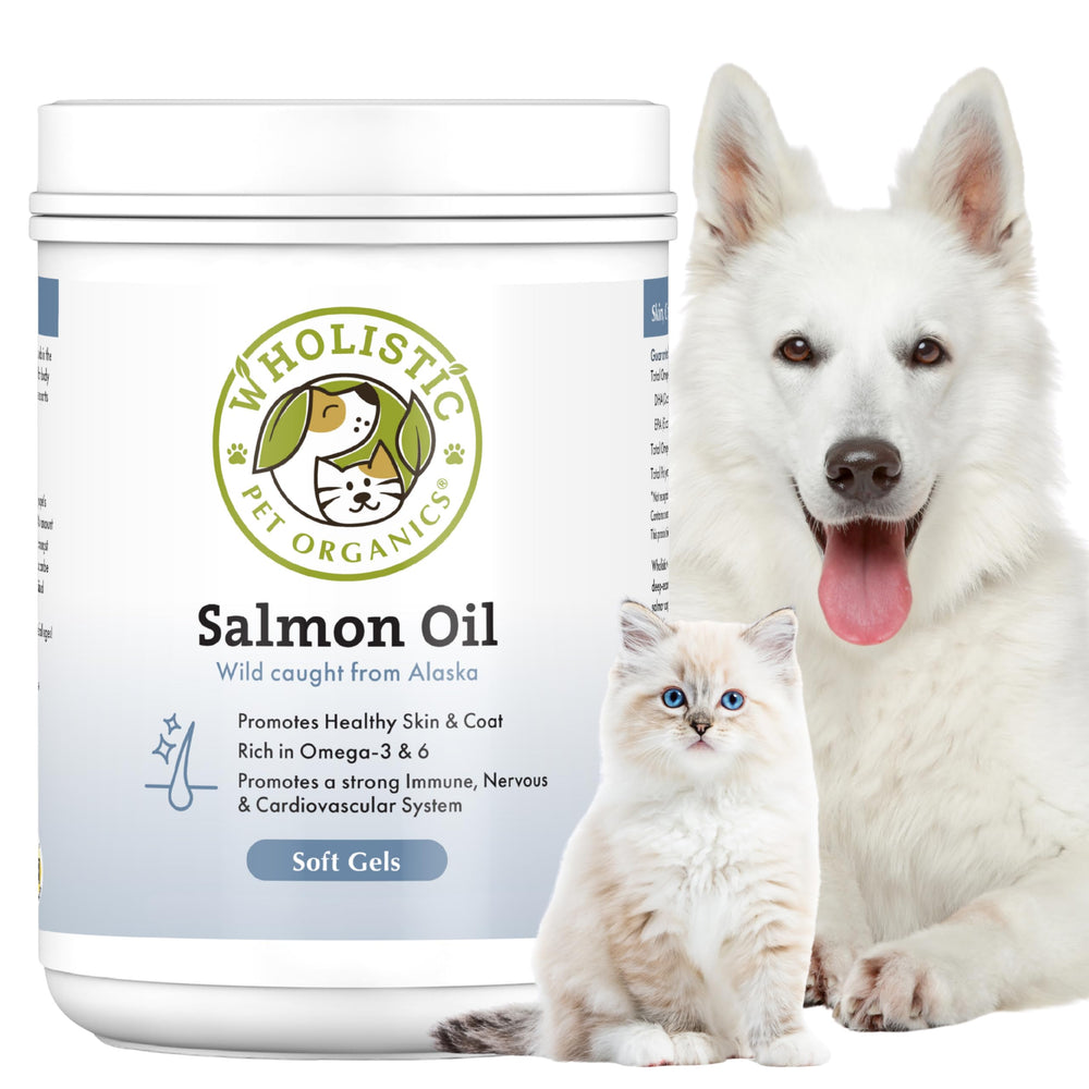 frasco de aceite de salmón Wholistic Pet Organics para piel y pelaje