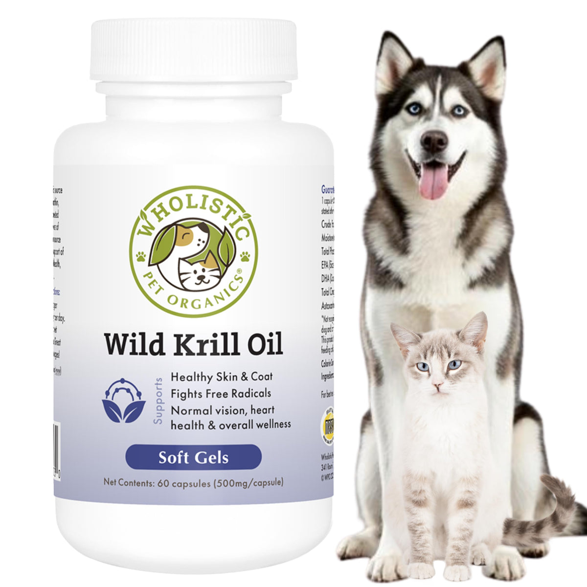 Wholistic Pet Organics Krill Oil: botella para pelaje y piel saludables.