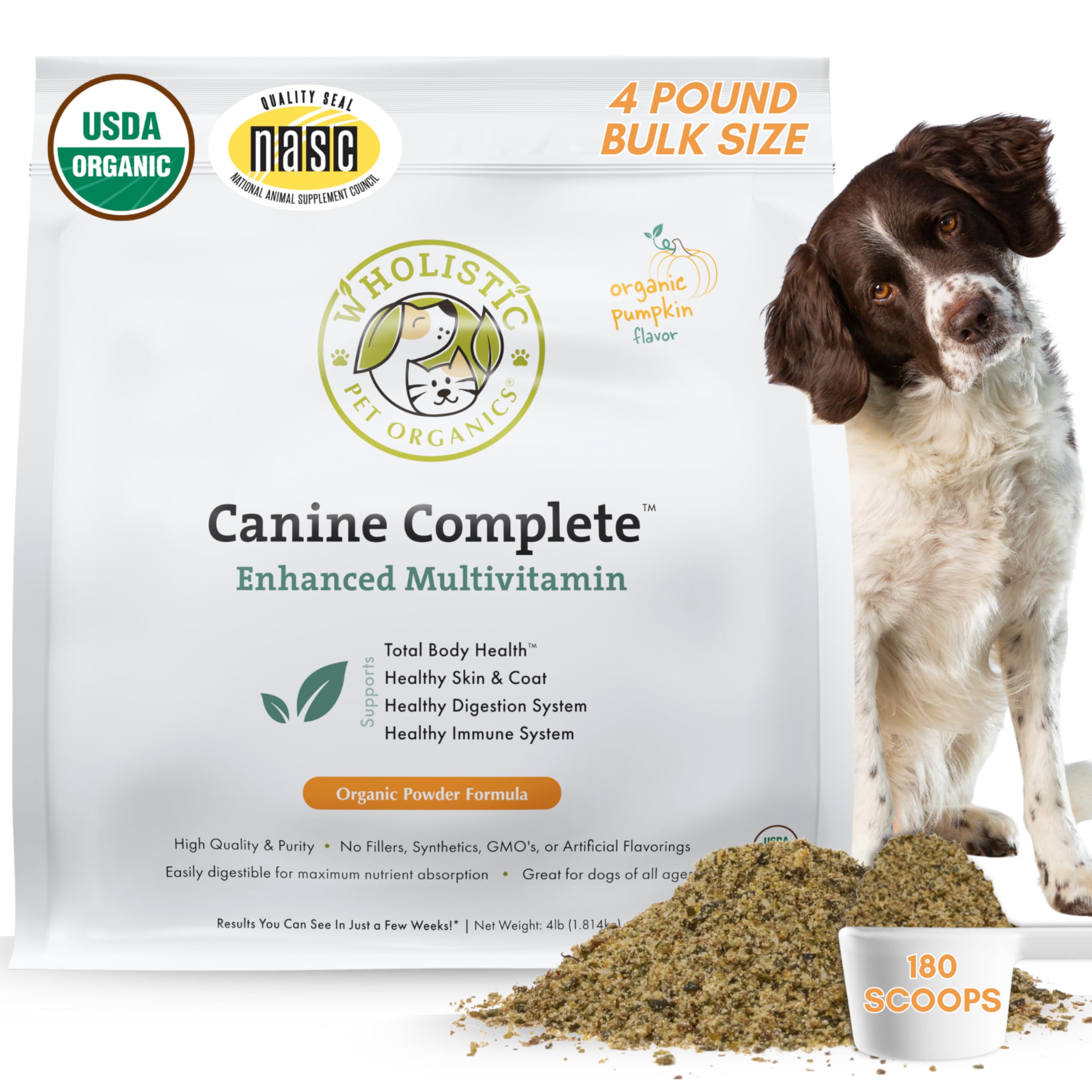 Wholistic Pet Organics Canine Complete, bote-dosificacion, apoyo nutricional diario para perros.