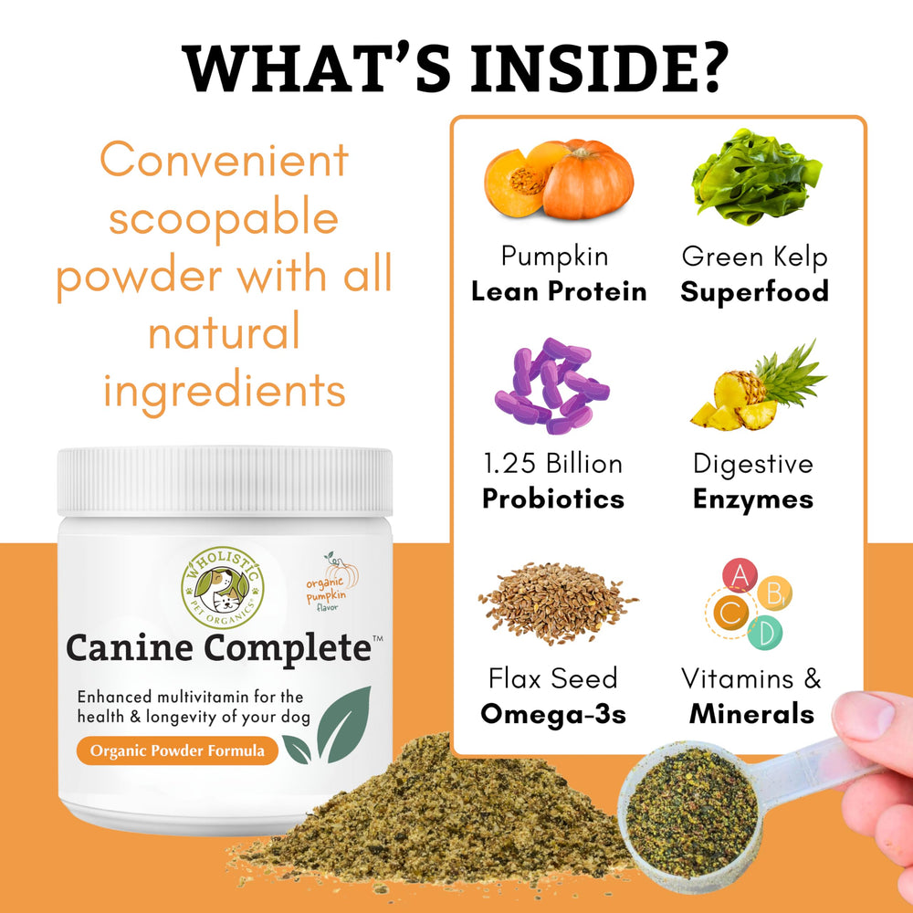 Wholistic Pet Organics Canine Complete dieta casera segura y nutritiva.