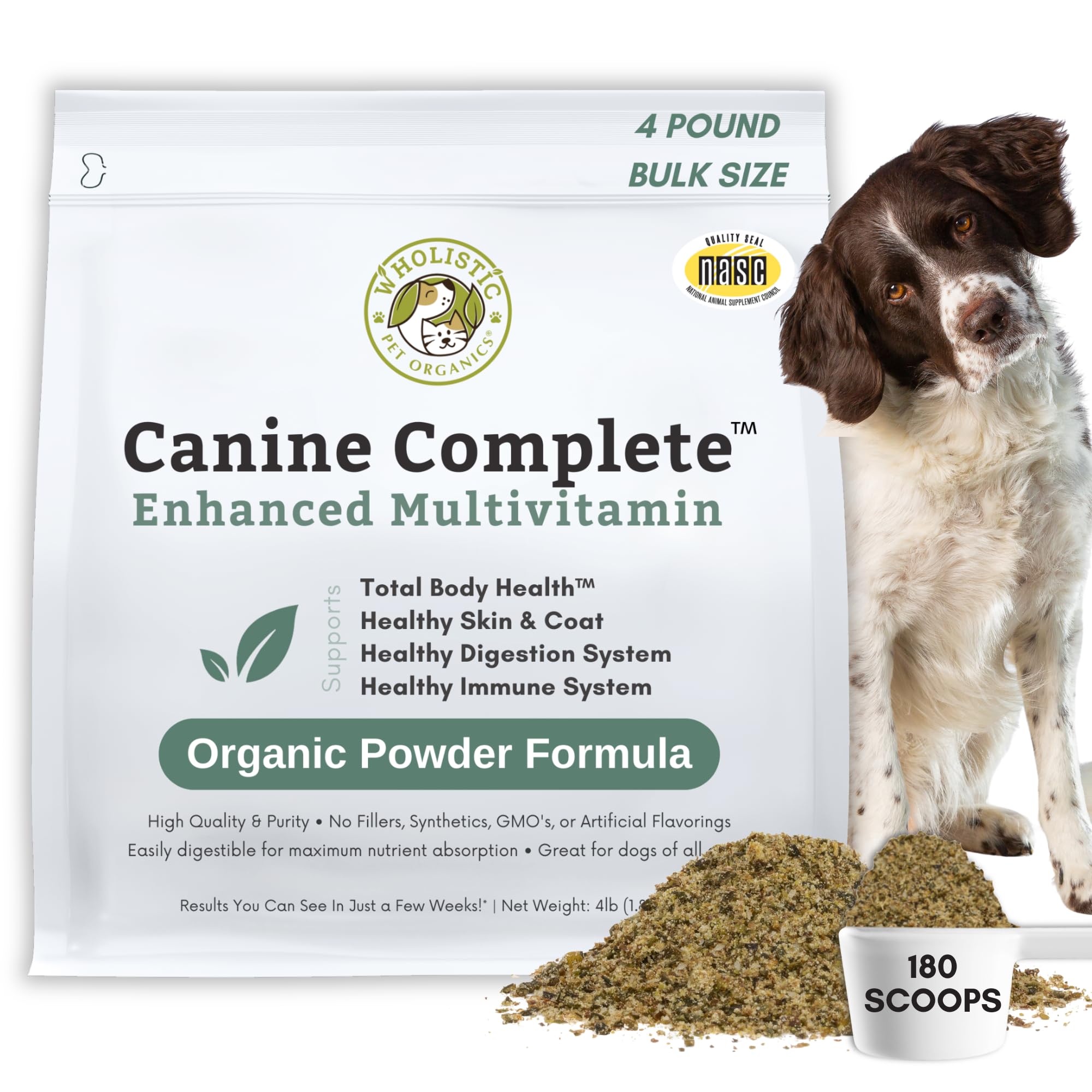 Envase de Wholistic Pet Organics Canine Complete para uso diario en perros.