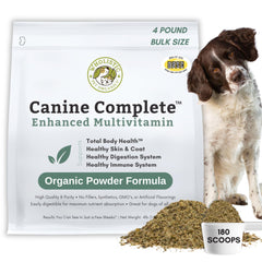 Envase de Wholistic Pet Organics Canine Complete para uso diario en perros.