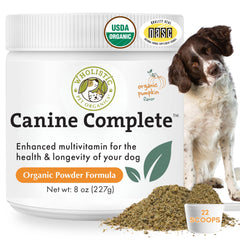 Wholistic Pet Organics Canine Complete en frasco para uso diario en perros