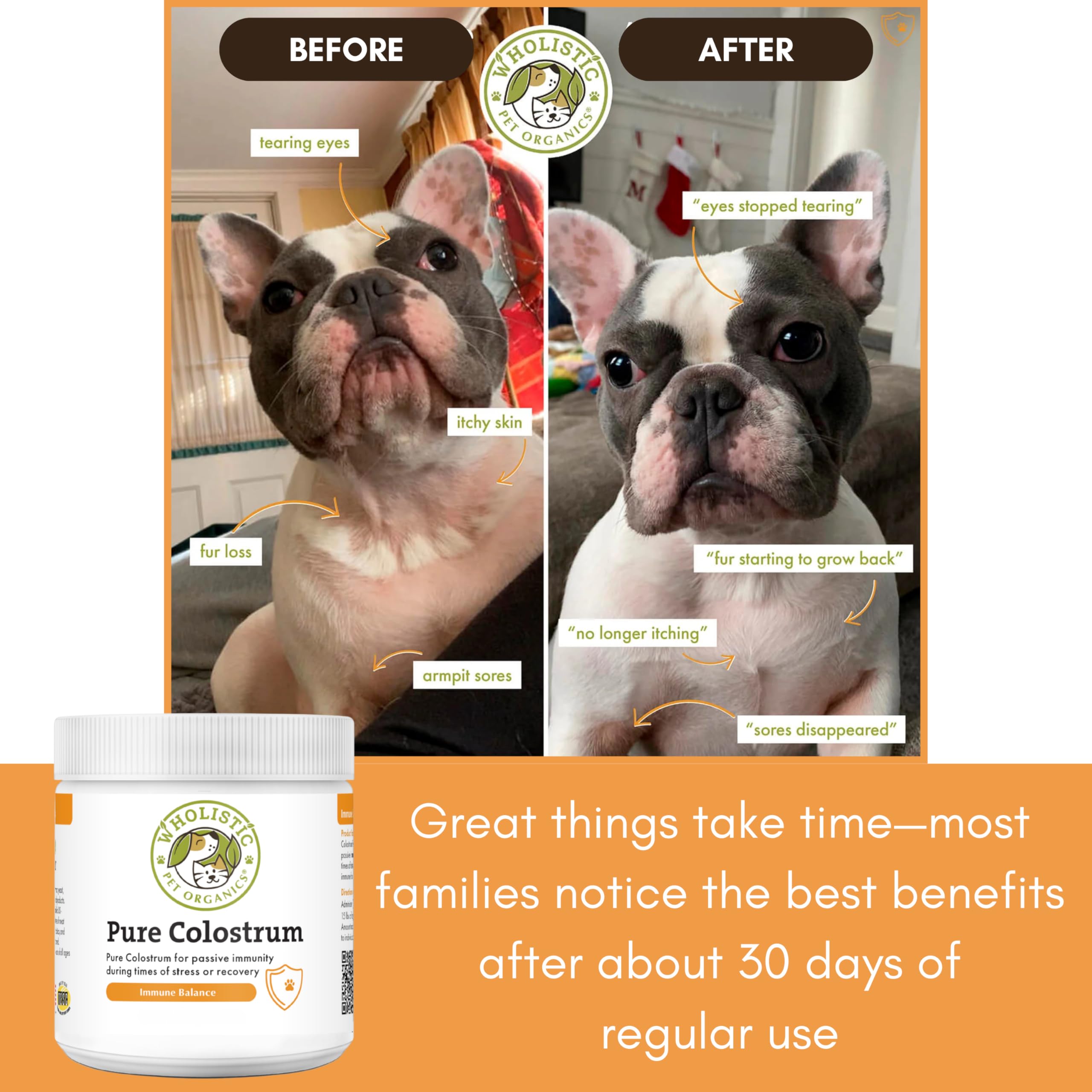 Wholistic Pet Organics Colostrum apoyo a alergias estacionales en mascotas.