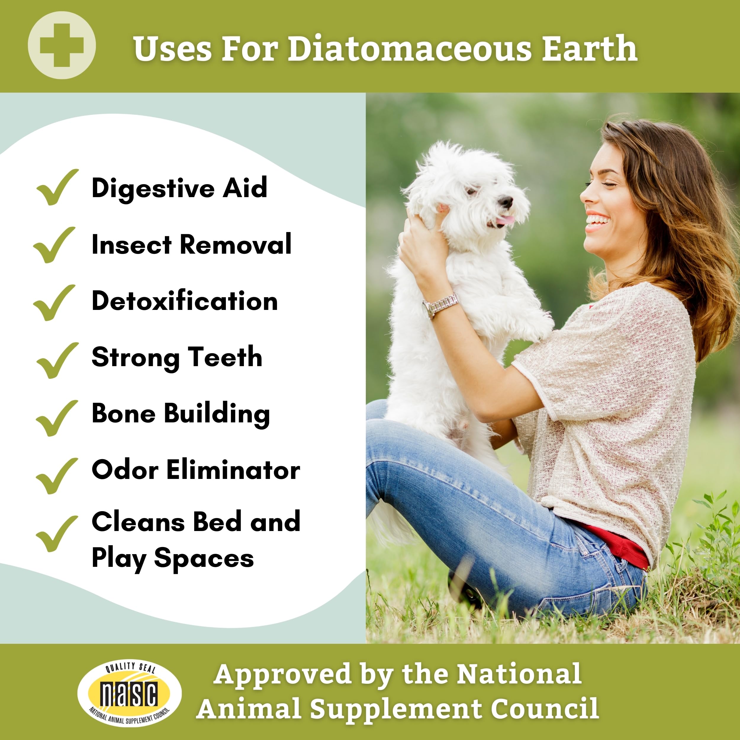 Wholistic Pet Organics Diatomaceous Earth, etiqueta clara con contenido y uso recomendado