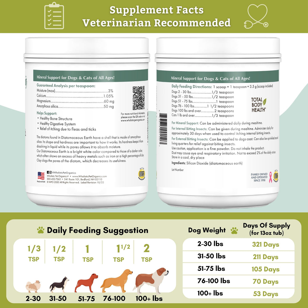 Wholistic Pet Organics Diatomaceous Earth, mezcla con alimento para un aporte mineral natural