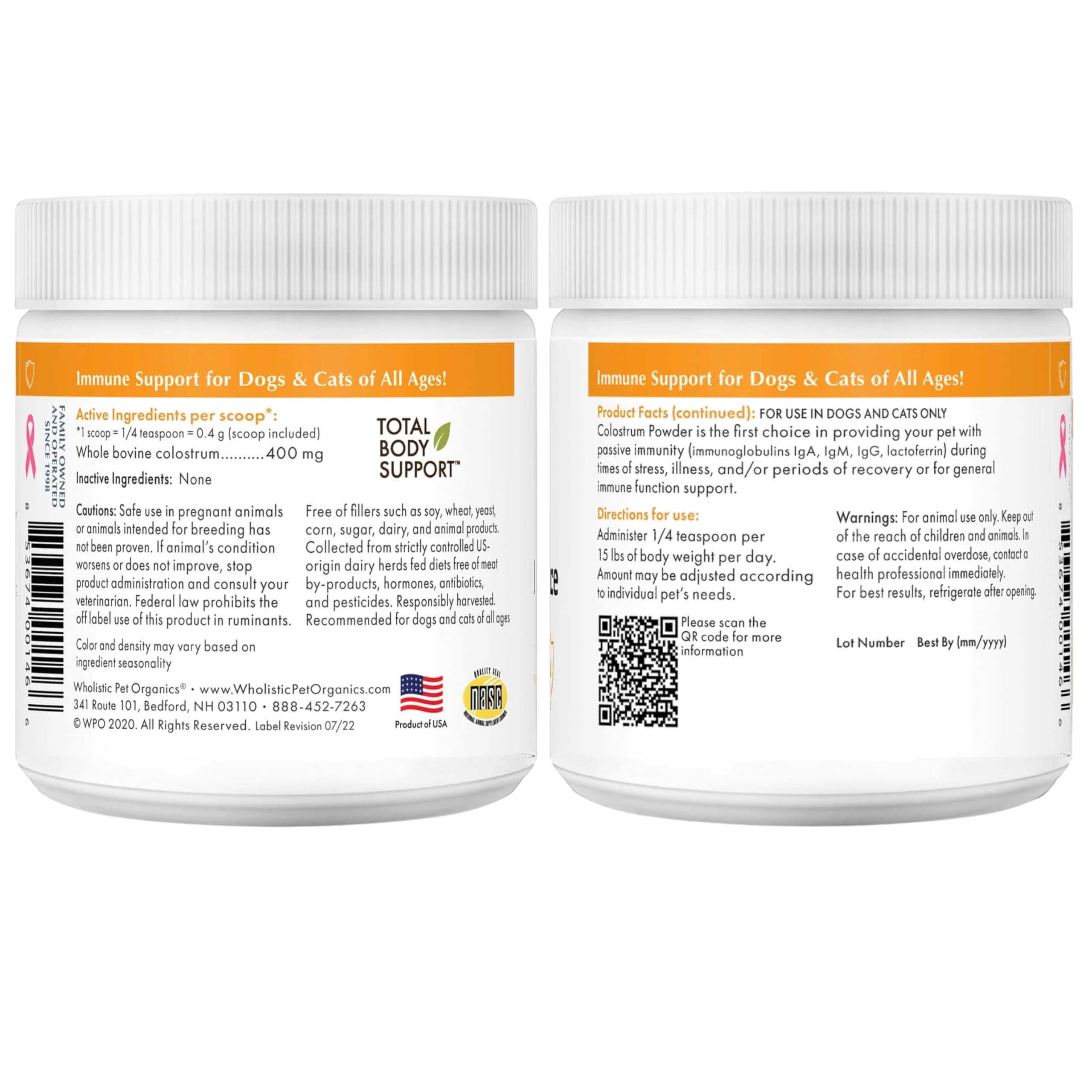 Envase práctico de Wholistic Pet Organics para dosis diaria.