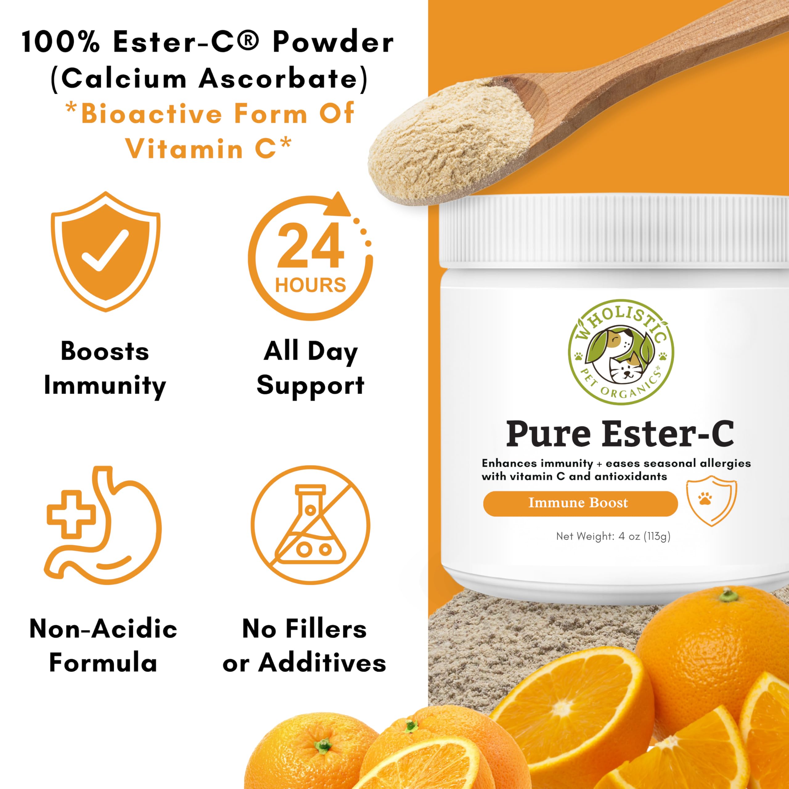 Wholistic Pet Organics Ester-C Powder aporta pelaje brillante y piel saludable.