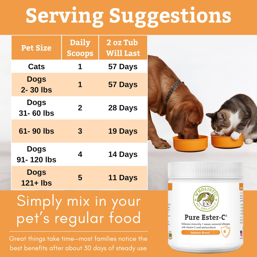 Wholistic Pet Organics Ester-C Powder, complemento práctico para dietas caseras.