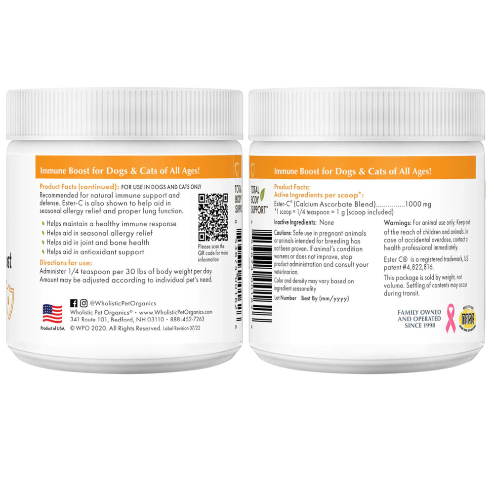 Wholistic Pet Organics Ester-C Powder, apoyo a la salud de piel y pelaje.