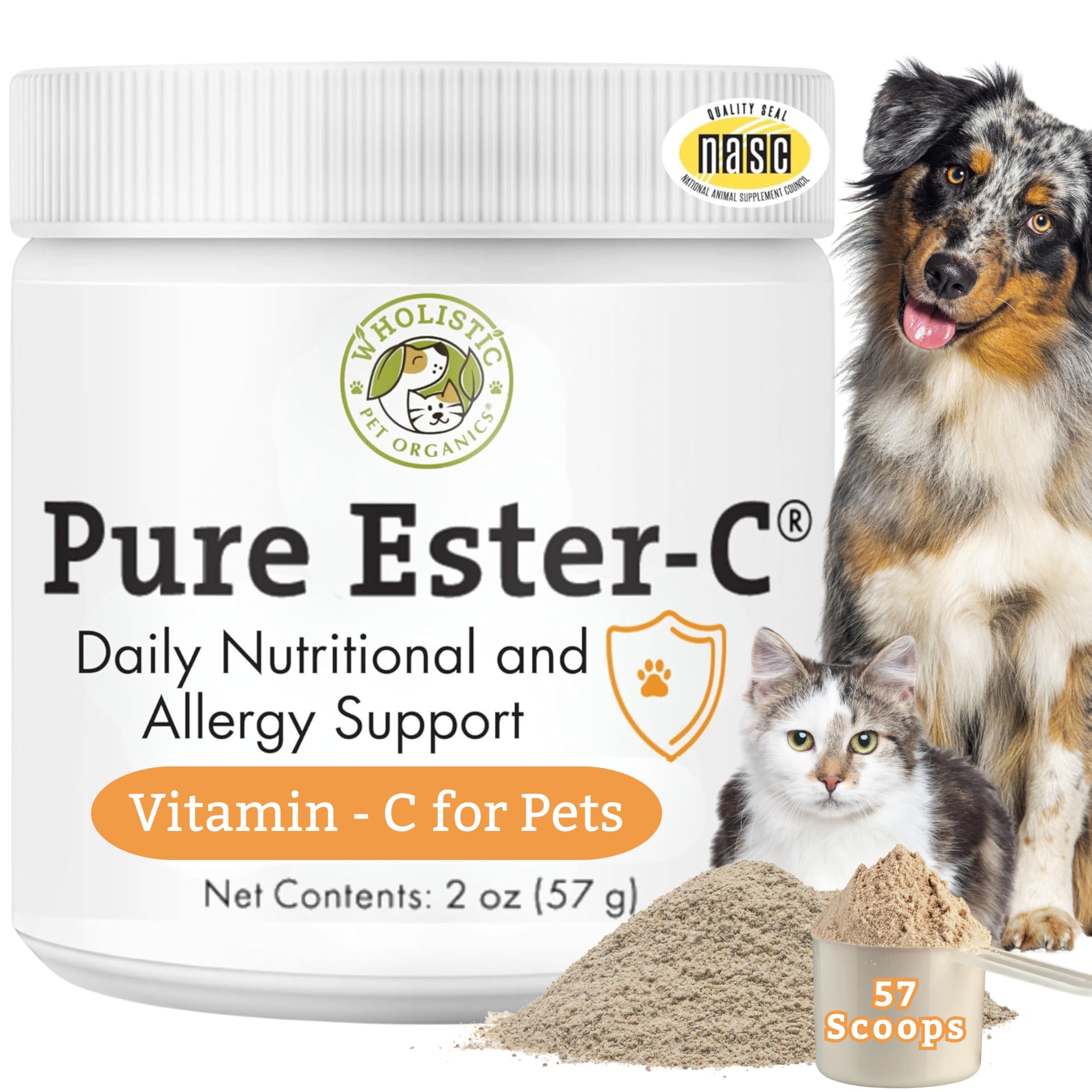 Wholistic Pet Organics Ester-C Powder, frasco, soporte inmunitario para perros y gatos.