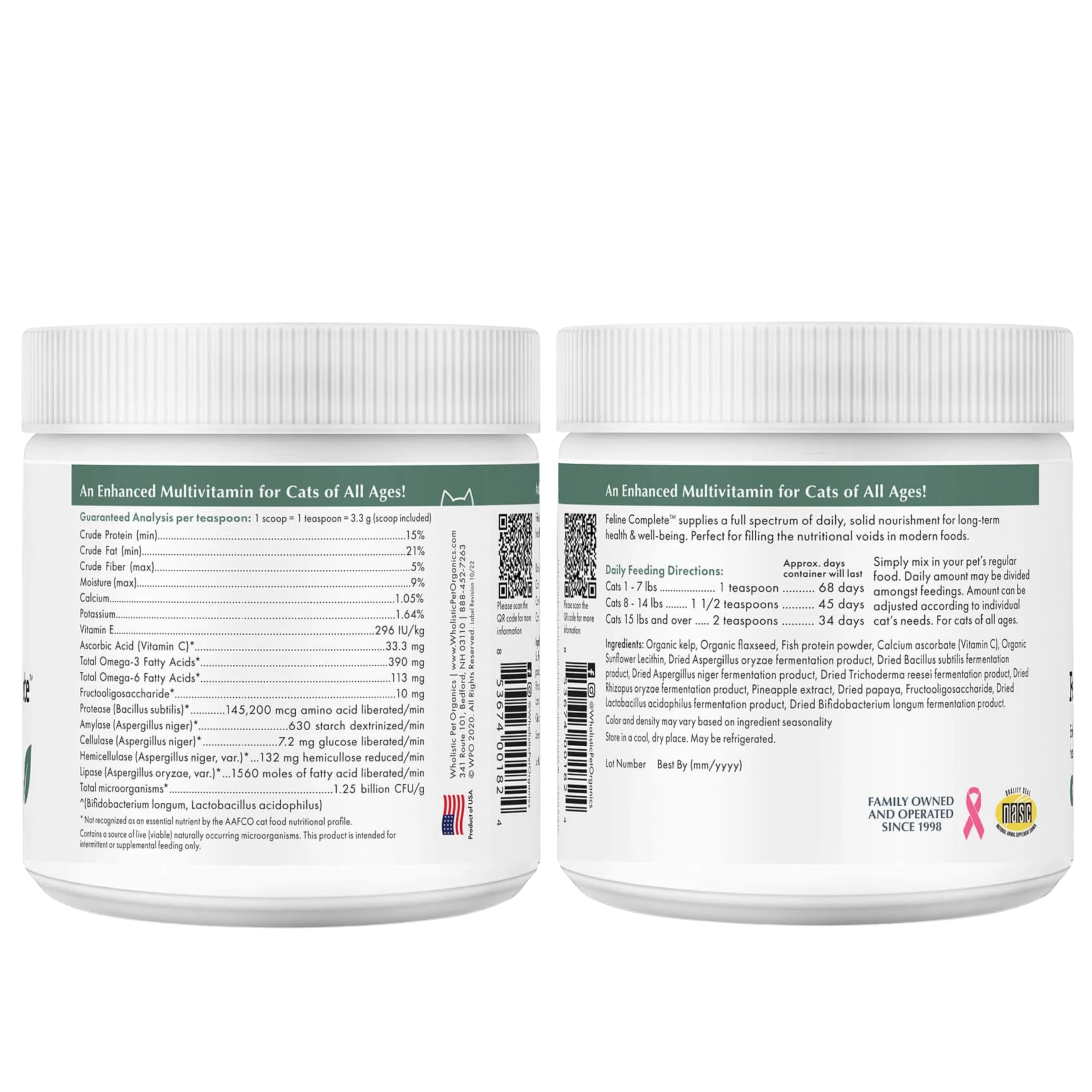 Wholistic Pet Organics Feline Complete, ingredientes naturales para nutrición complementaria