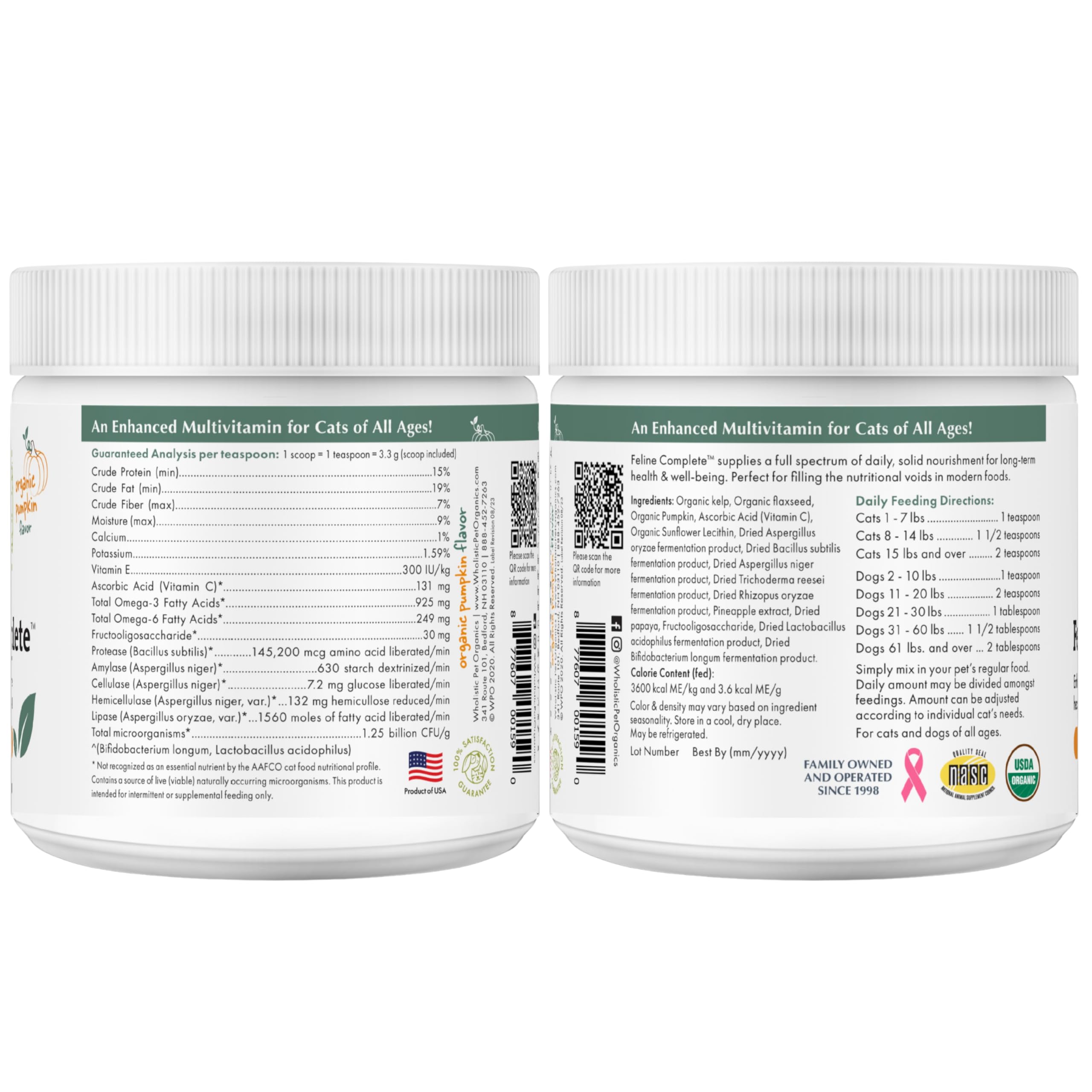 Wholistic Pet Organics Feline Complete Organic Pumpkin, uso diario, producto natural para gatos de interior y exterior.