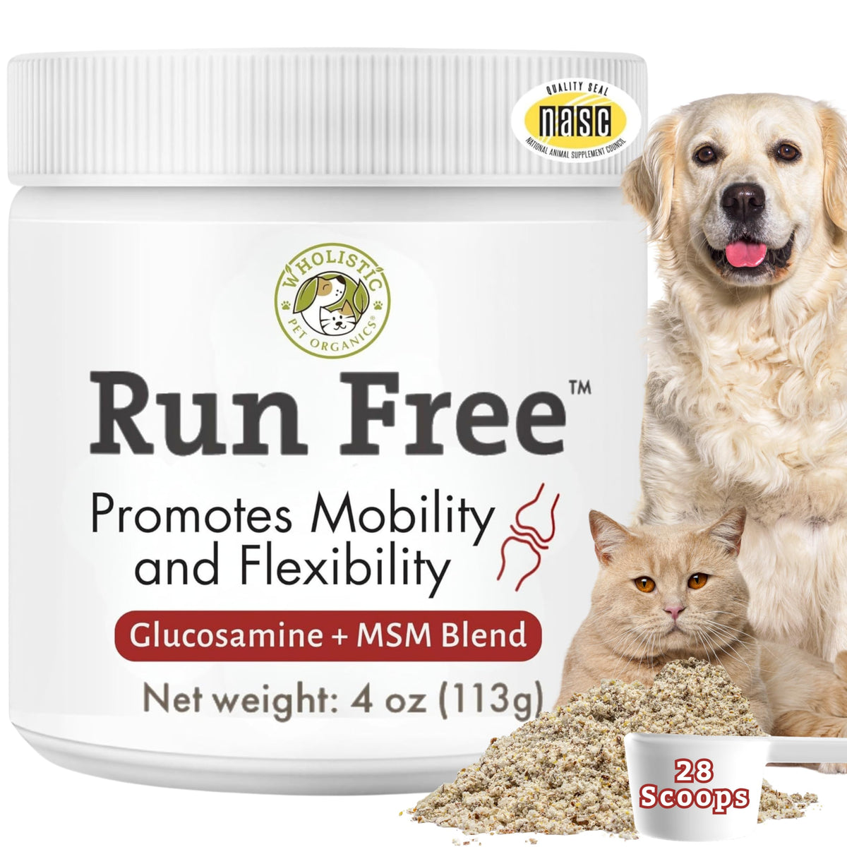 Wholistic Pet Organics: frente del producto, apoyo a la movilidad de perros y gatos.