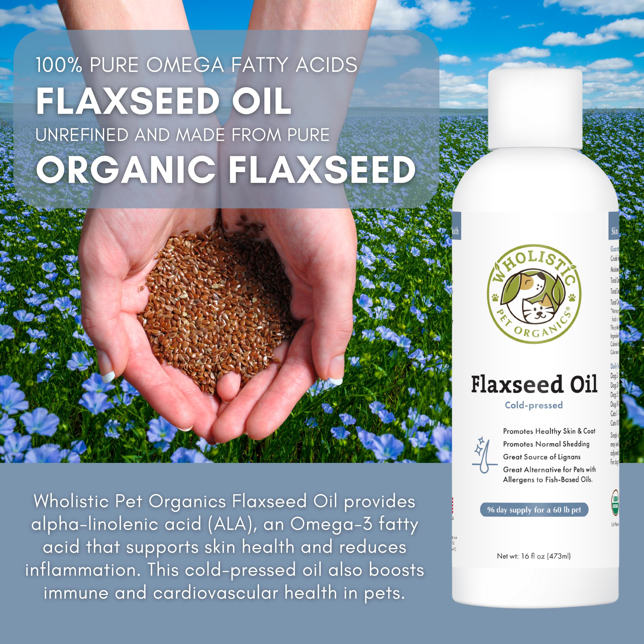 Wholistic Pet Organics omega 3-6-9 para pelaje brillante y piel saludable, empaque legible