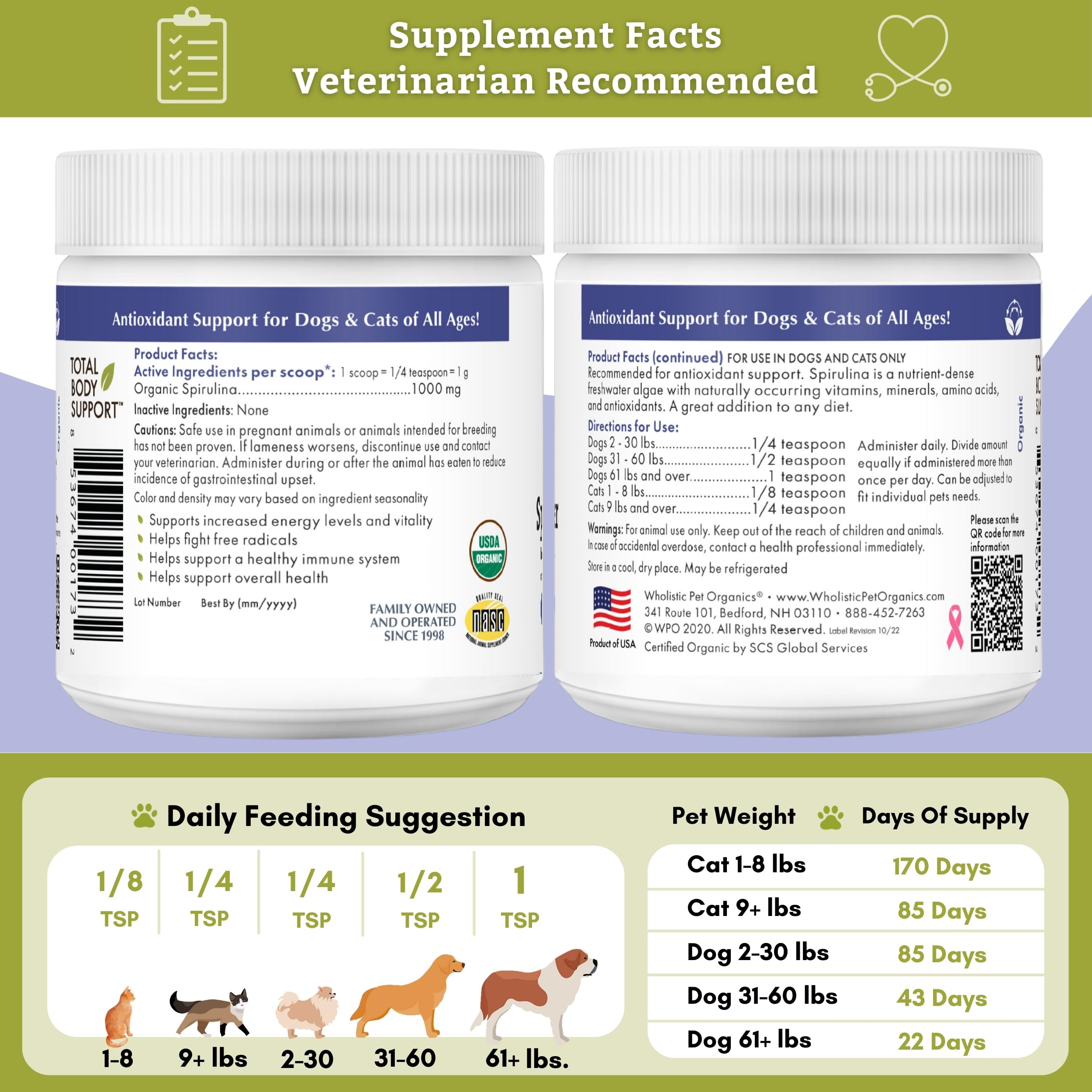 Envase NASC sellado de Spirulina Wholistic Pet Organics para seguridad.