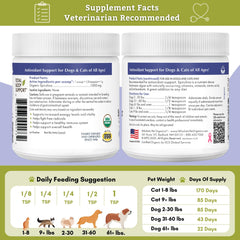 Envase NASC sellado de Spirulina Wholistic Pet Organics para seguridad.
