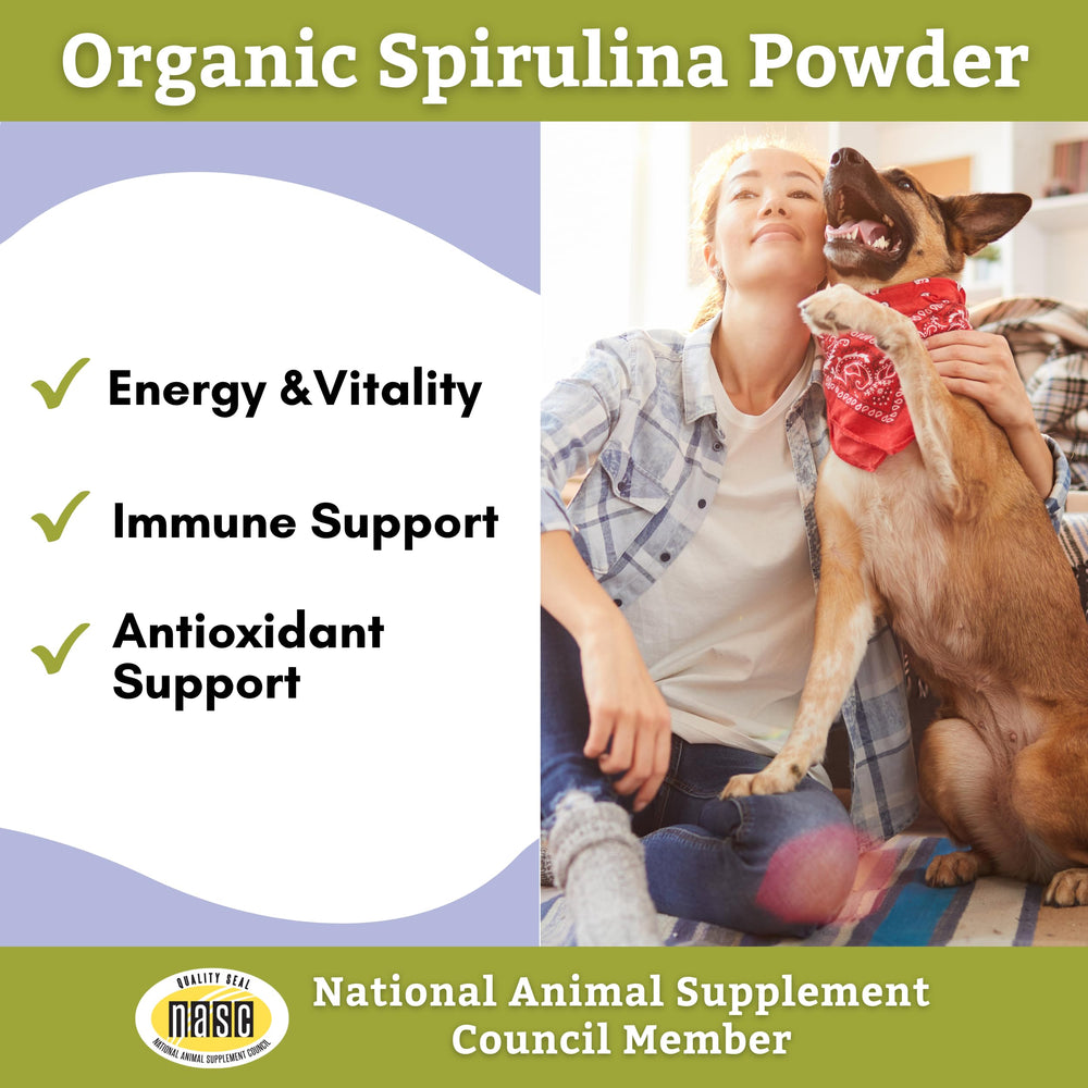 Spirulina Wholistic mezclada sobre alimento para perros y gatos.