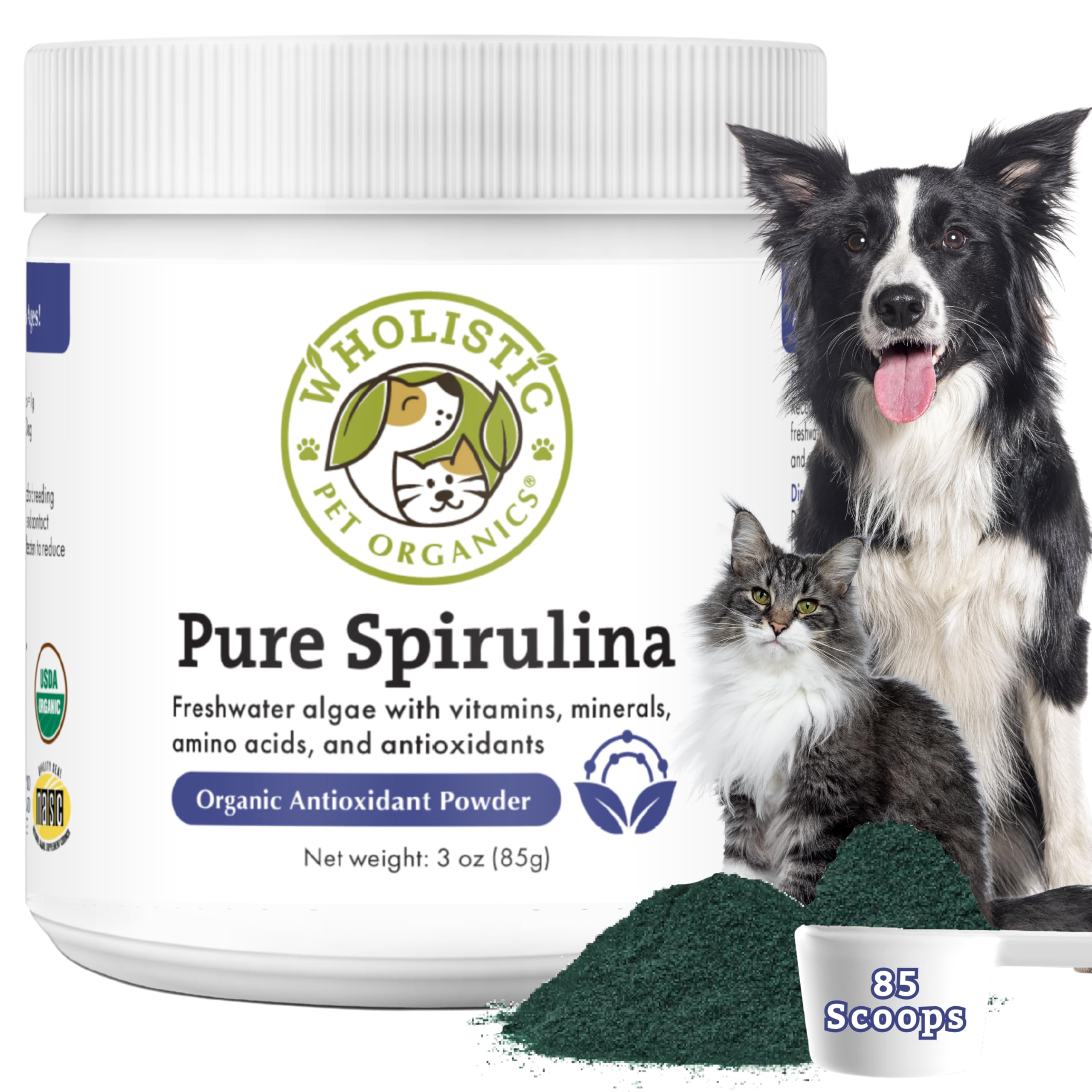 Wholistic Pet Organics Spirulina en polvo para perros y gatos, apoyo antioxidante diario.