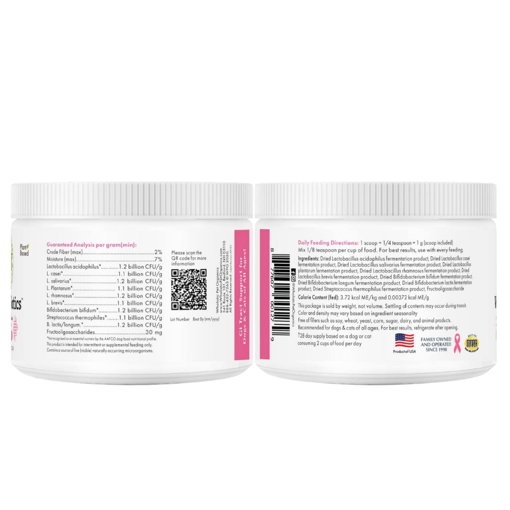 Wholistic Pet Organics WholeBiotics, calidad confiable, más de 20 años de experiencia para dueños.