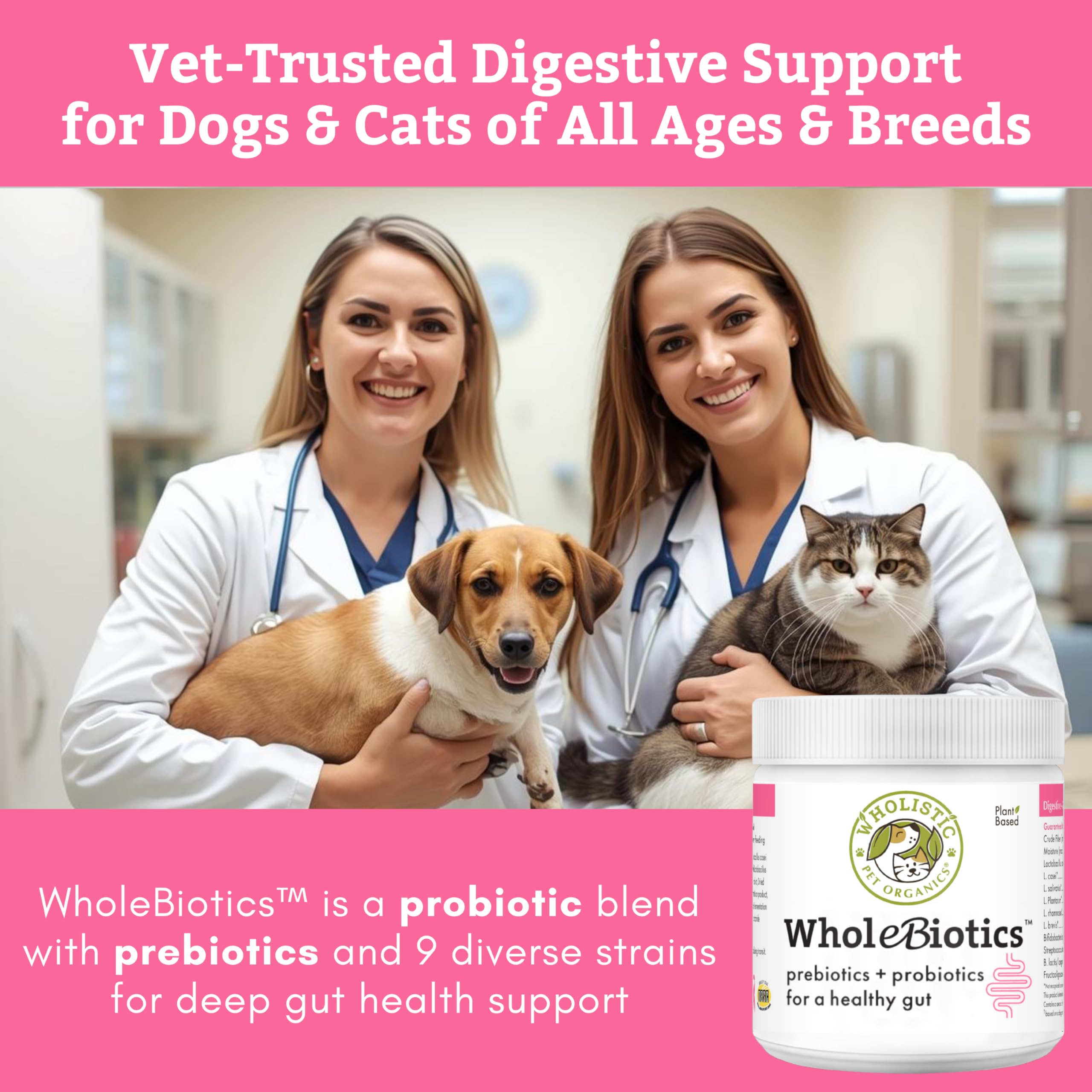 Wholistic Pet Organics WholeBiotics, mezcla-nueve-cepas, apoyo digestivo para mascotas.