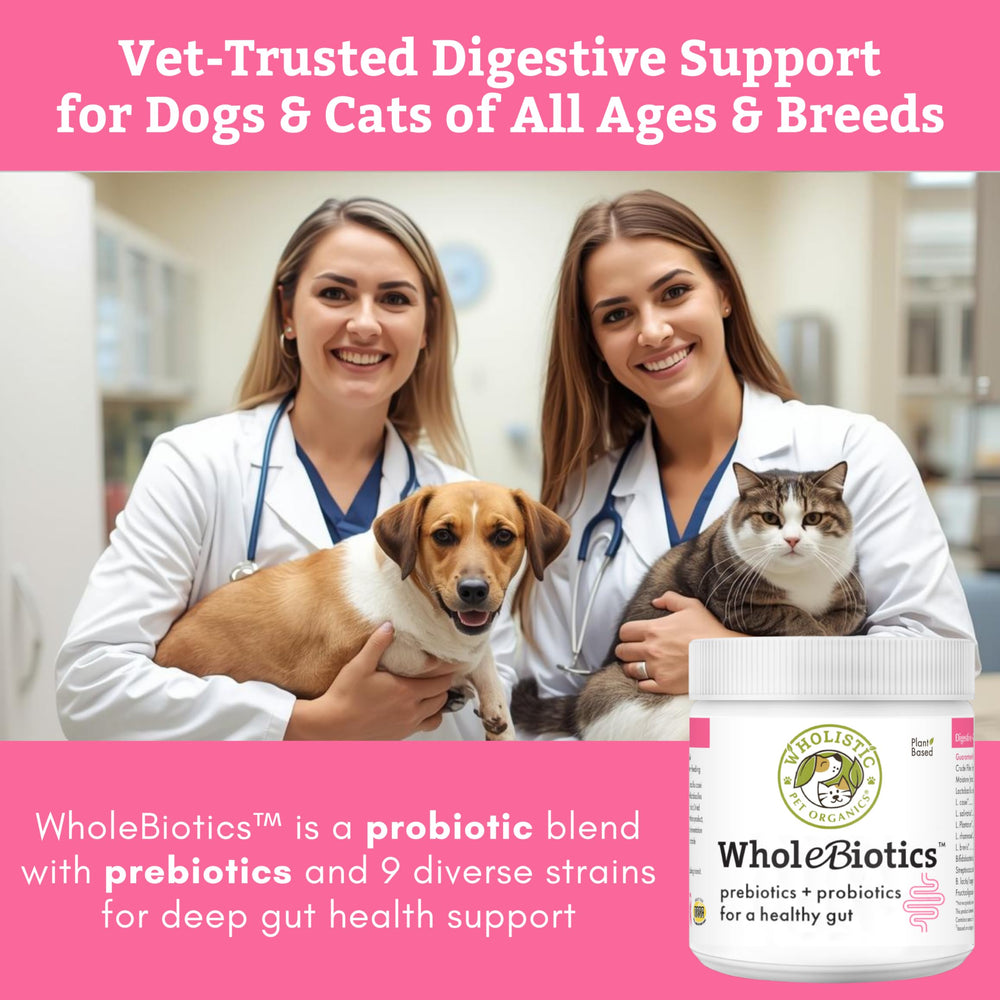 Wholistic Pet Organics WholeBiotics, mezcla-nueve-cepas, apoyo digestivo para mascotas.
