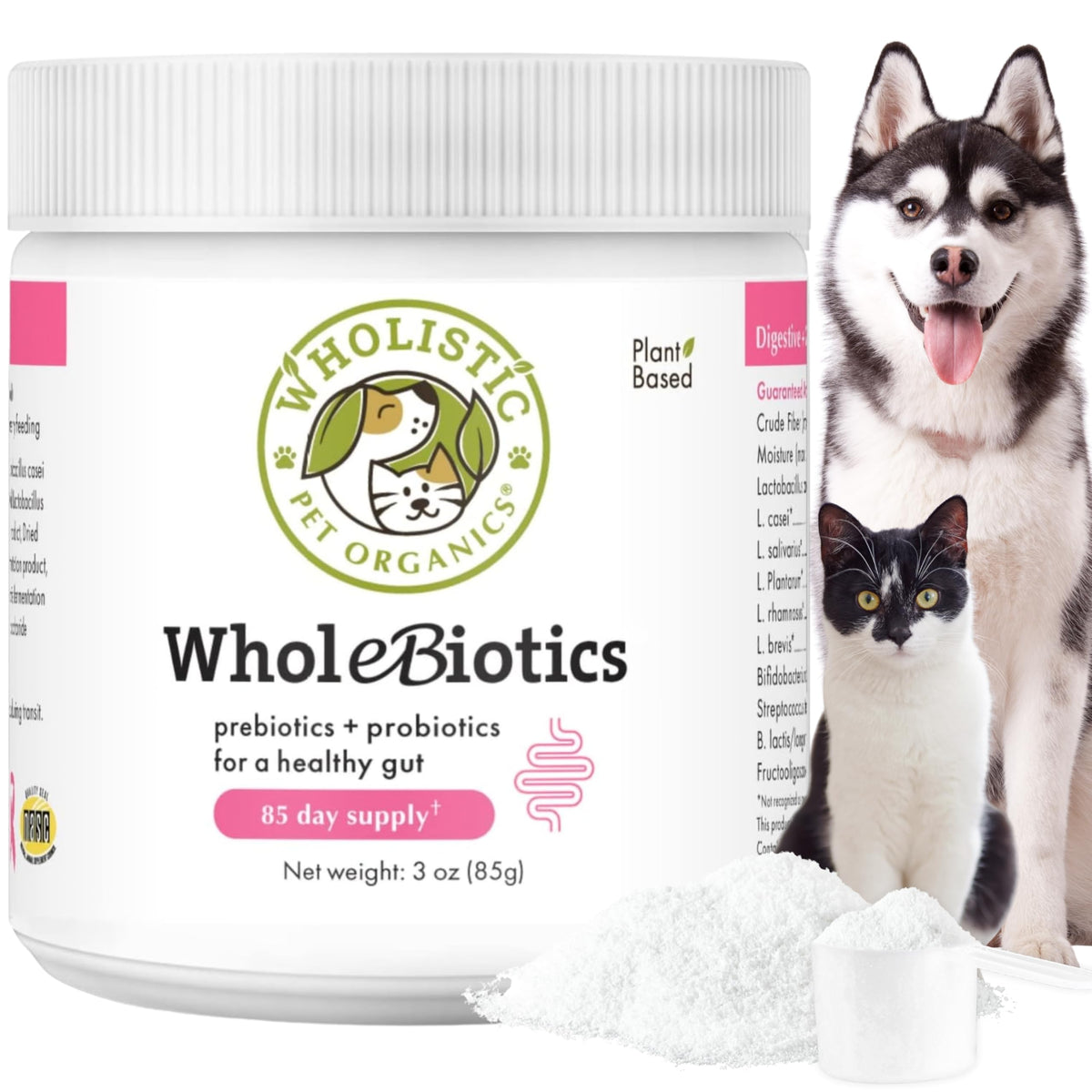 Wholistic Pet Organics WholeBiotics, polvo digestivo para salud intestinal de mascotas
