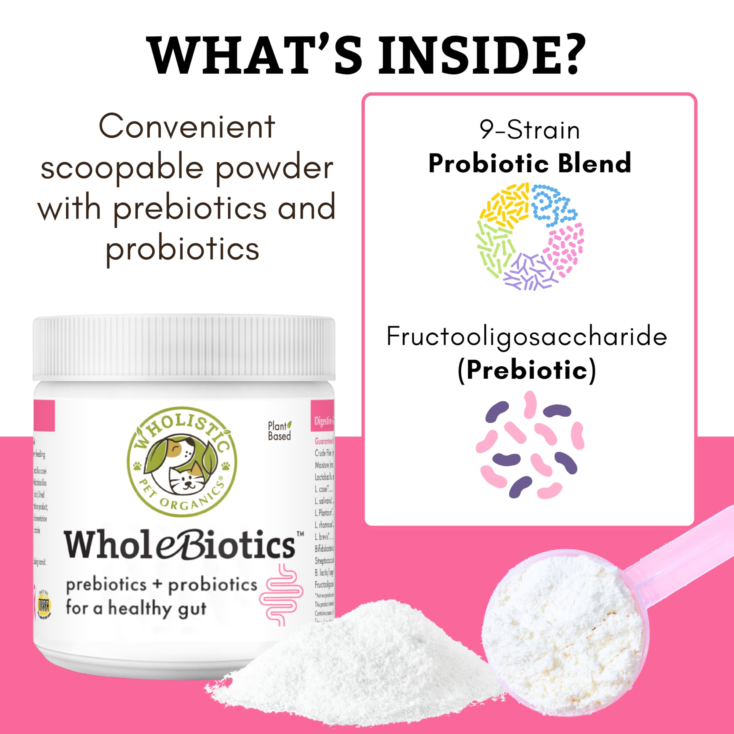 Wholistic Pet Organics WholeBiotics, polvo-para-mezclar-con-alimento, facilidad diaria para mascotas.