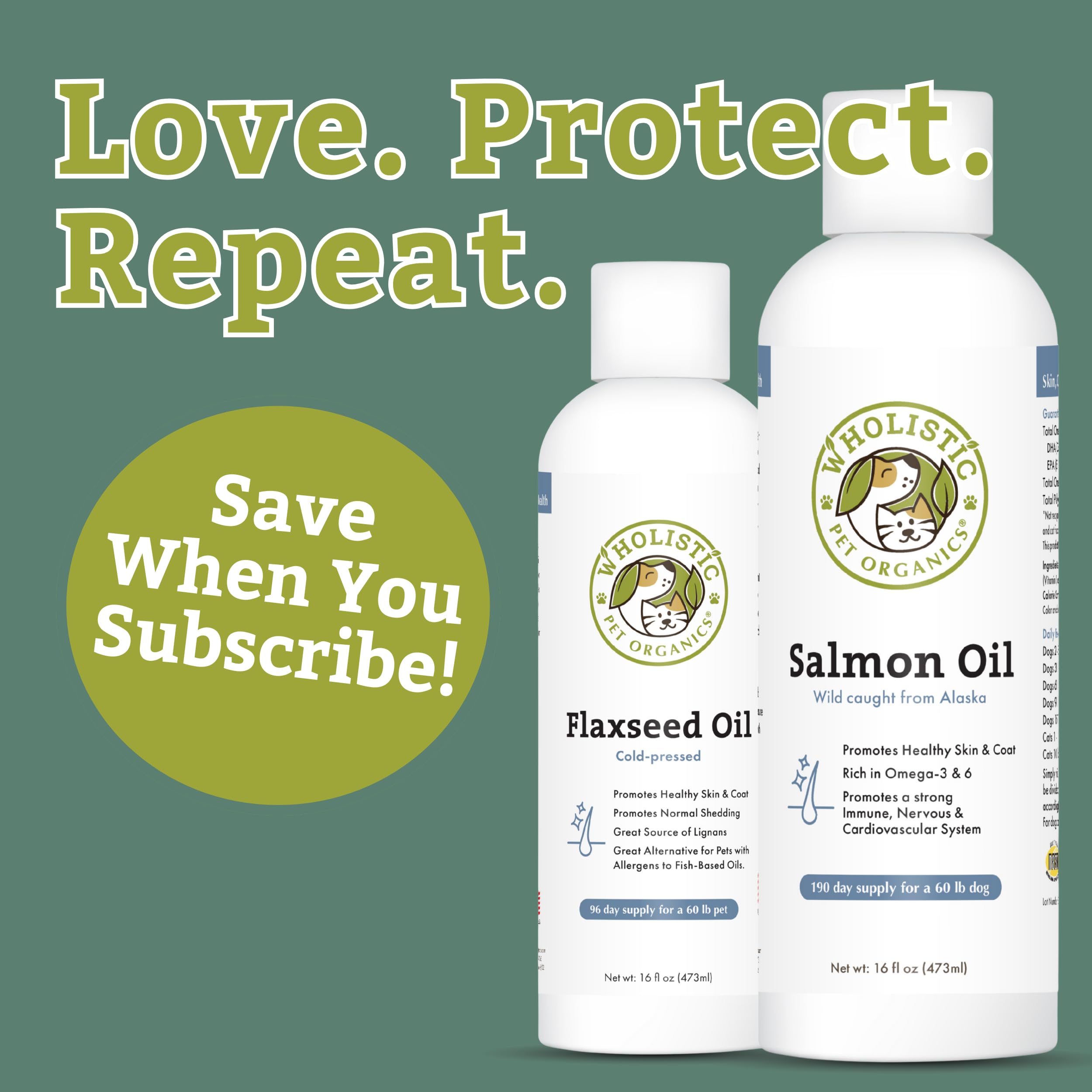 Wholistic Pet Organics Wild Salmon Oil etiqueta en detalle, destacando Omega-3 y DHA para perros y gatos.