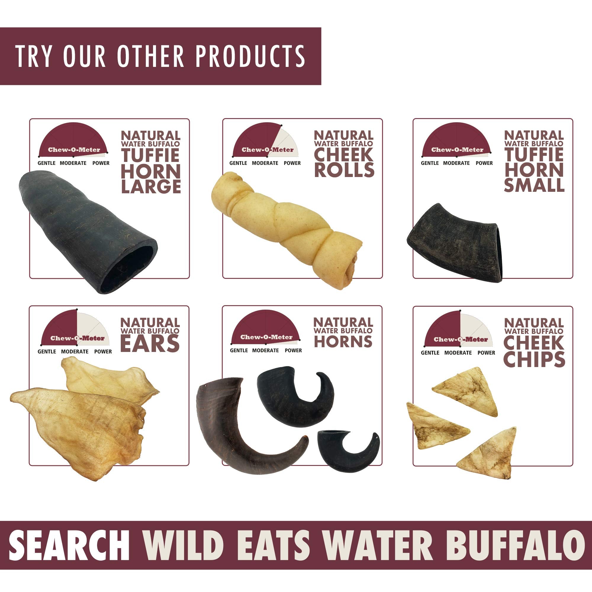 Wild Eats cuernos de búfalo de agua, ayuda dental y aliento fresco.