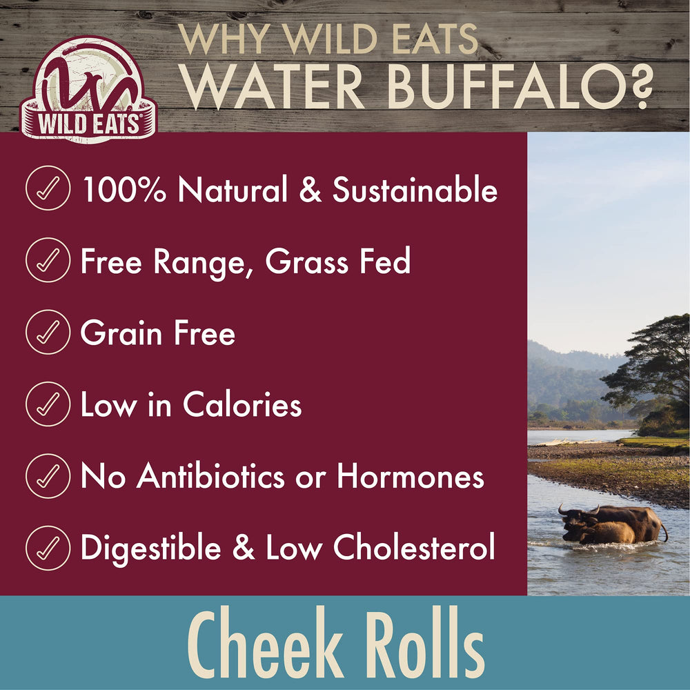 Wild Eats rollos de mejilla de búfalo-agua, masticables que promueven satisfacción prolongada.