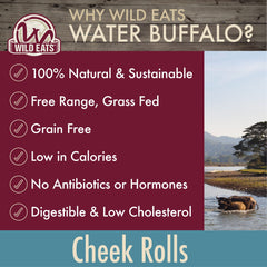 Wild Eats rollos de mejilla de búfalo-agua, masticables que promueven satisfacción prolongada.