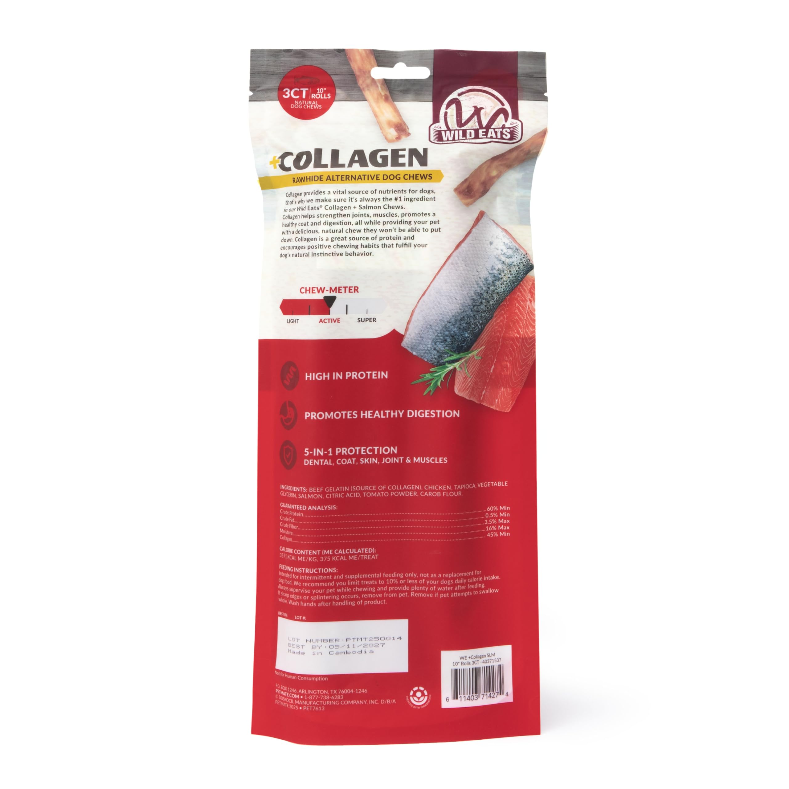 Wild Eats Salmón Retriever Roll 10 pulgadas, textura densa para masticadores energéticos